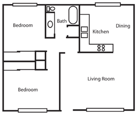 Floor plan for 2 beds, 1 bath, 875 sqft